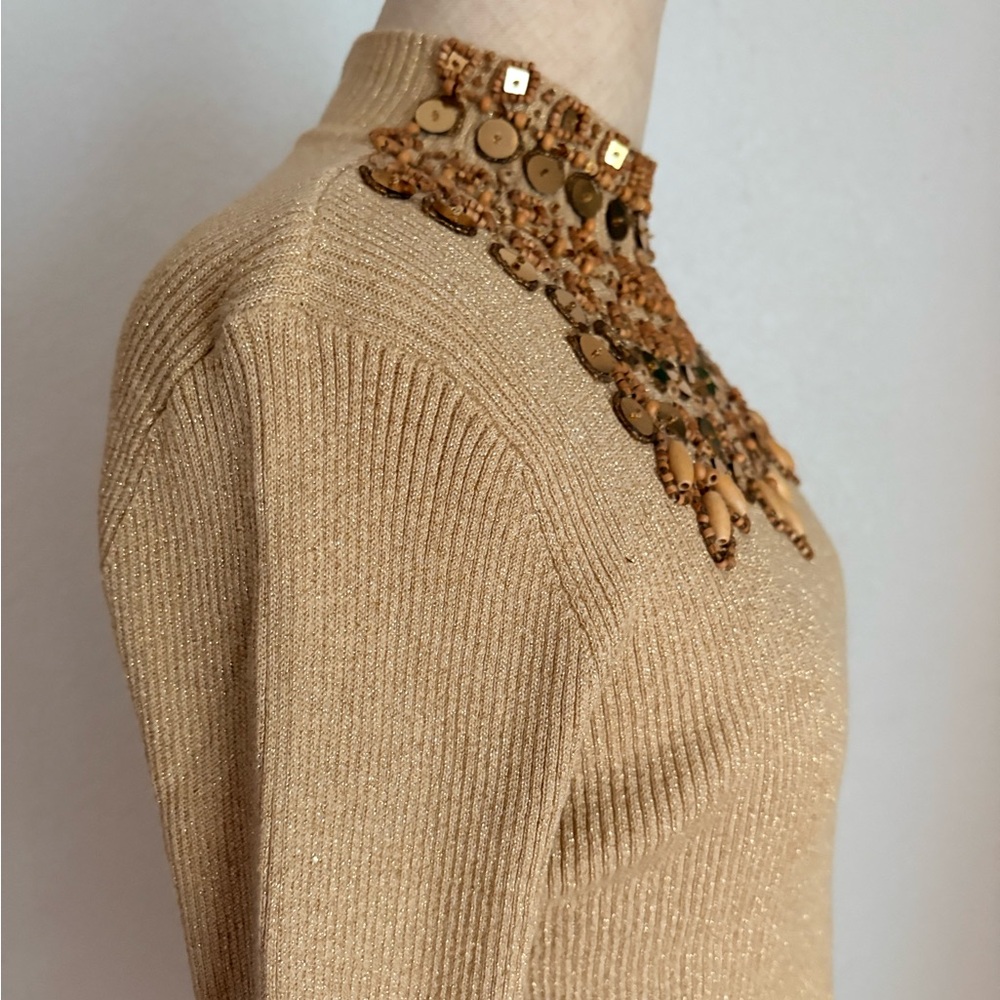 Vtg Once Again Womens M Gold Sequin Beaded Ribbed Knit Long Sleeve Sparkle Top - Picture 7 of 12